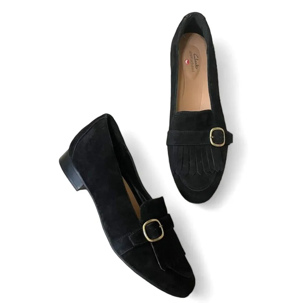CLARKS Un Blush Fame Black Suede Loafers, NWOT! Size 10
